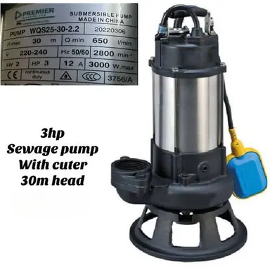 Premier 3 HP SEWAGE PUMP WITH CUTER 30M HEAD